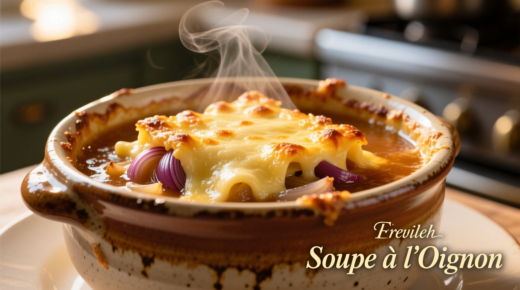 Golden French onion soup in ceramic bowl with melted cheese topping