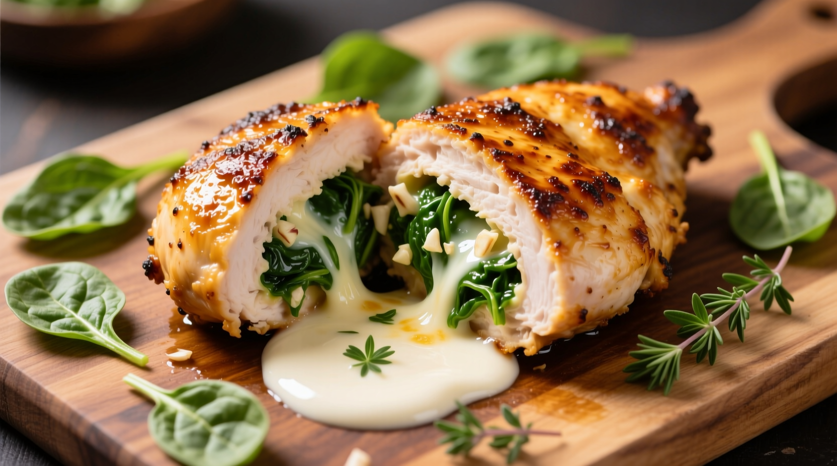 Golden brown stuffed chicken breast with spinach and cheese