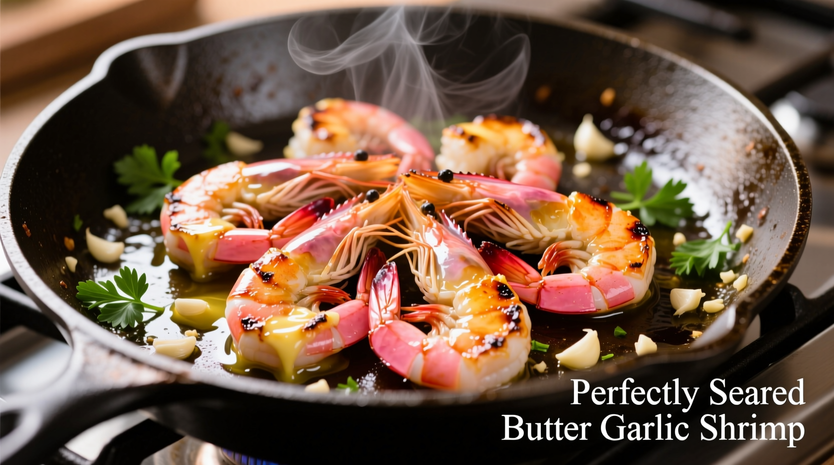 Perfectly seared butter garlic shrimp in skillet