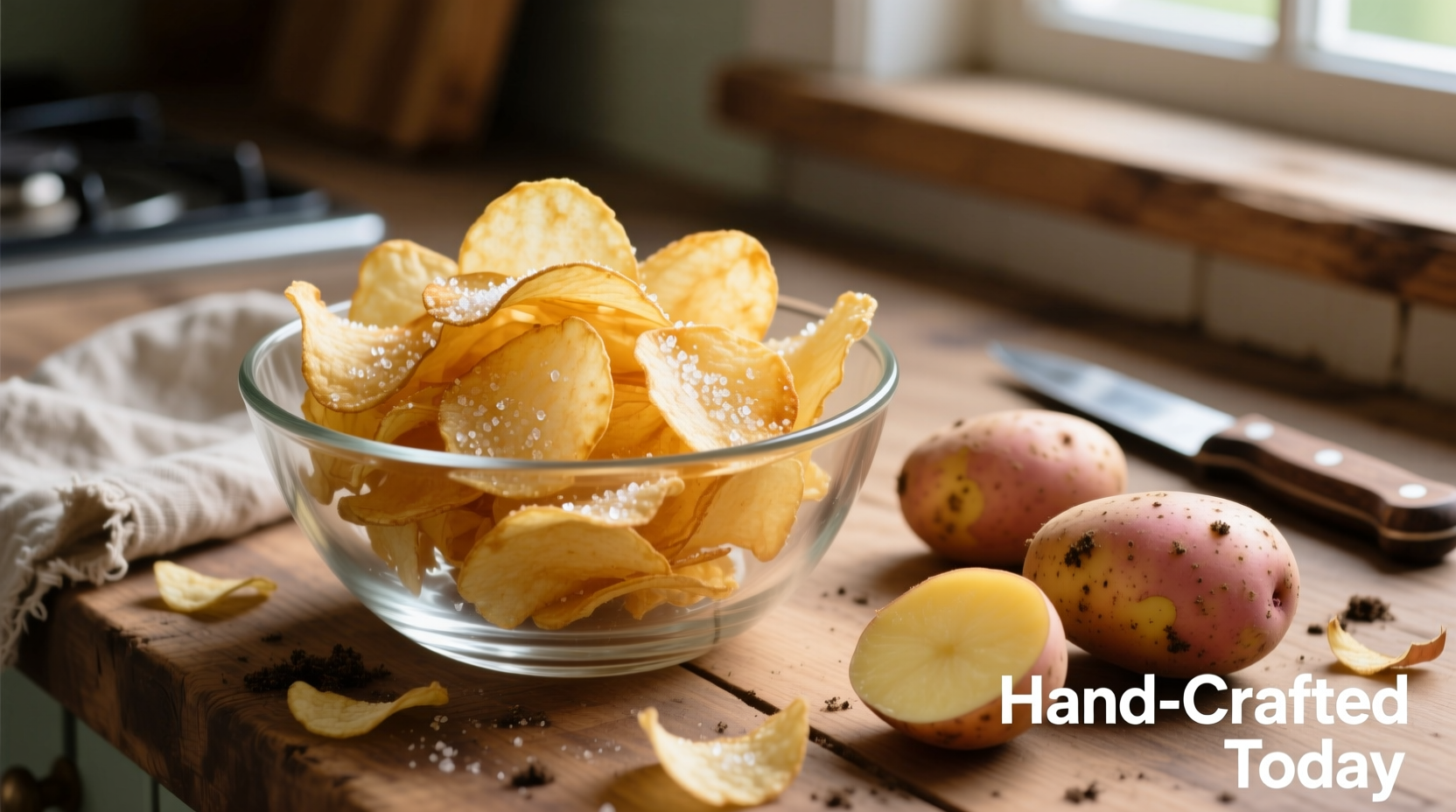 Homemade potato chips in glass bowl with fresh potatoes