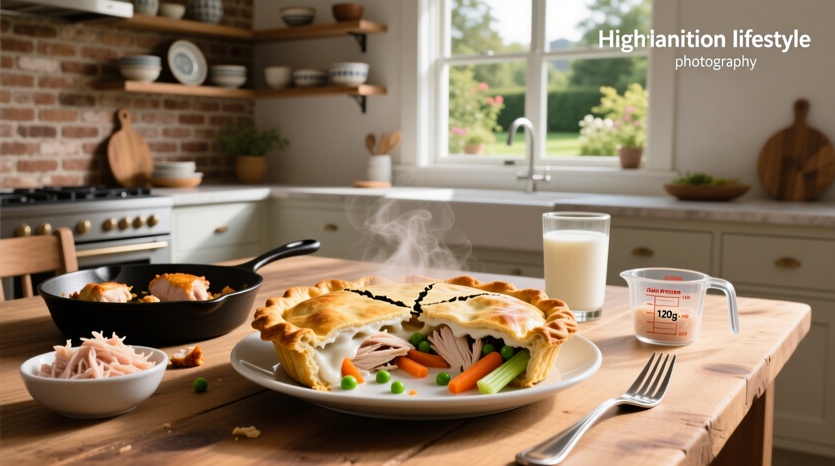 Step-by-step assembly of high-protein chicken pot pie in a cast-iron skillet with labeled ingredients