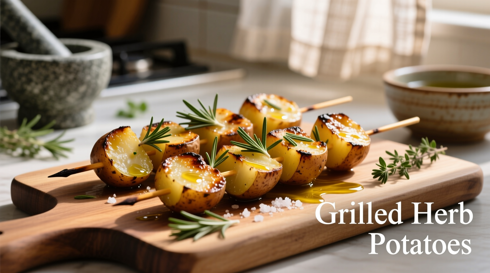 Perfectly grilled golden potato skewers with herbs