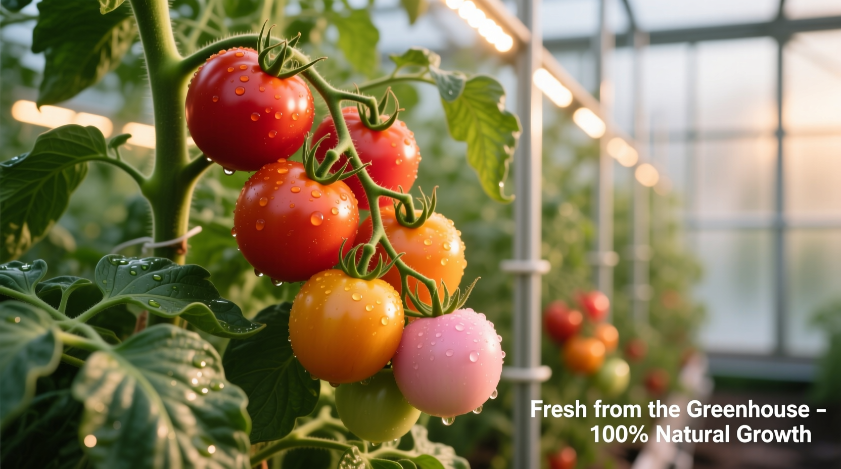 Healthy greenhouse tomato plants with ripe fruit