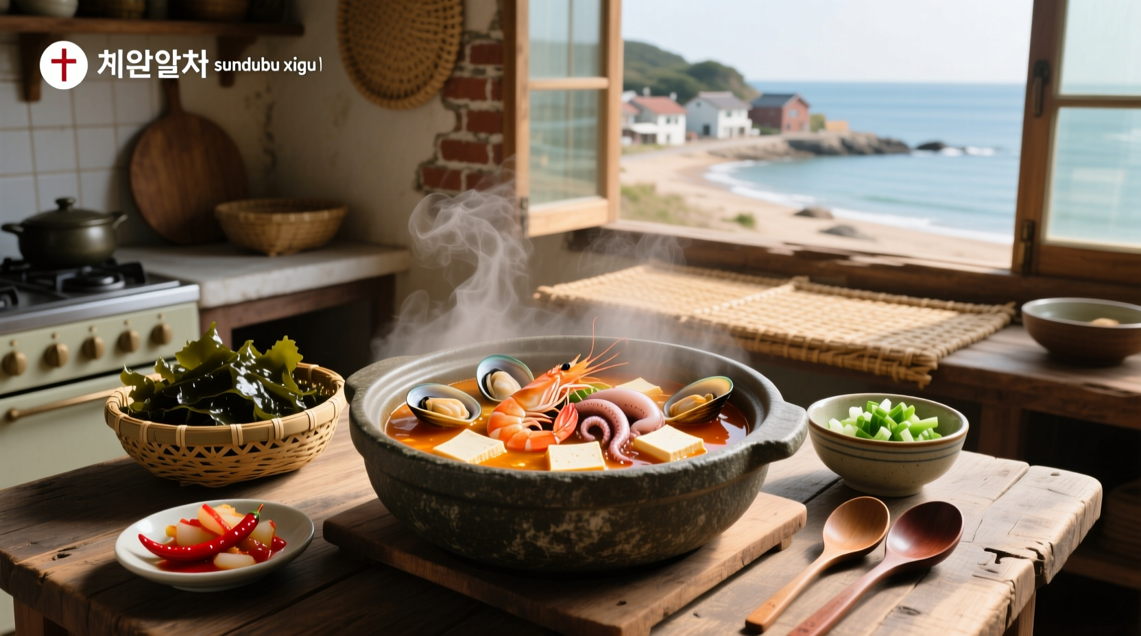 Korean seafood soup served in a stone bowl with side dishes