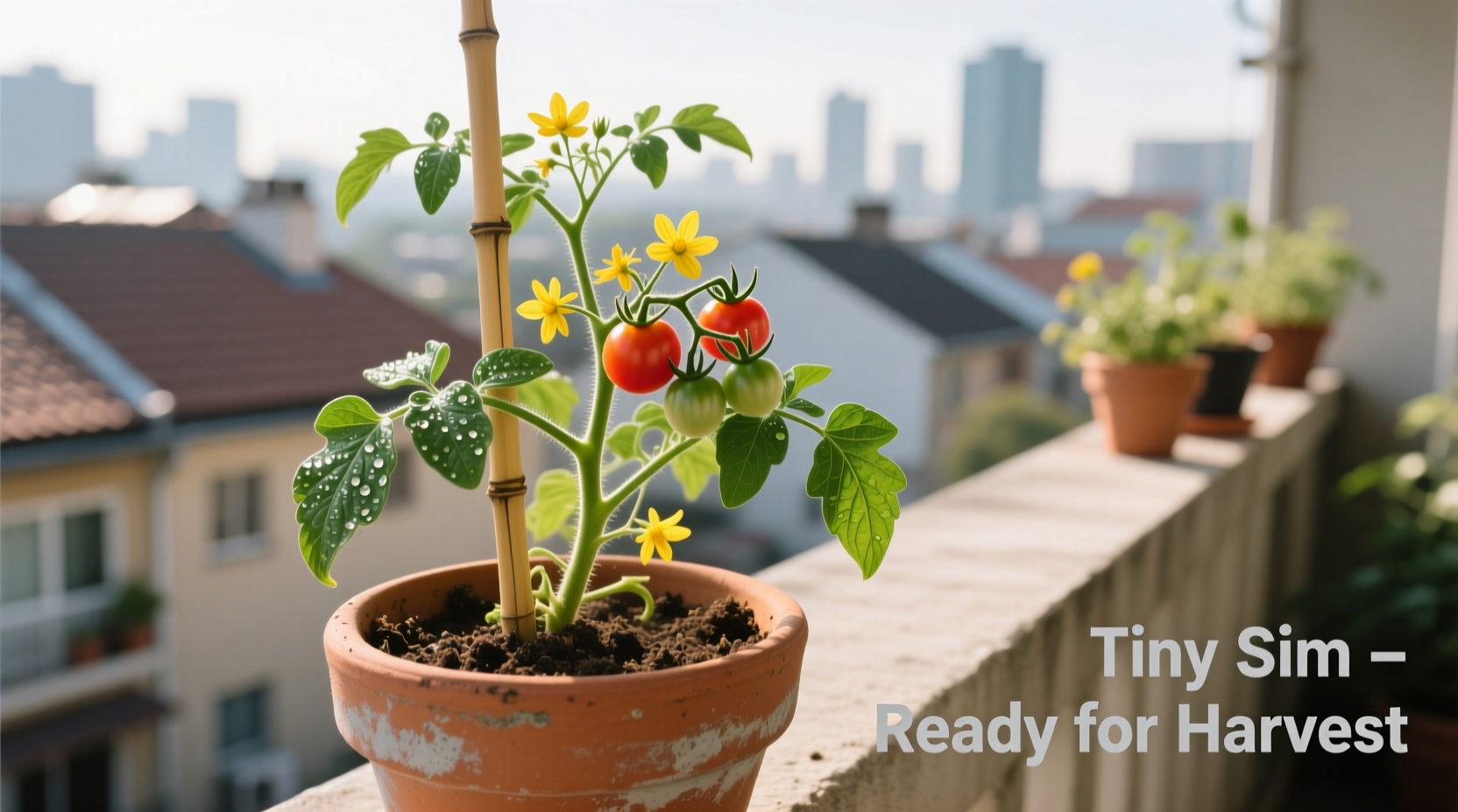 Tiny Tim tomato plant growing in container on balcony