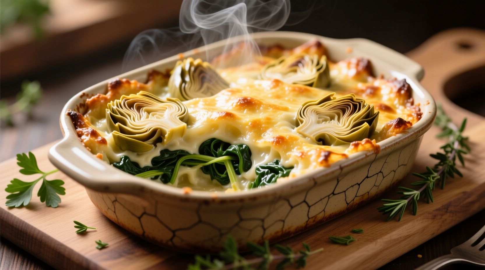 Golden crust spinach artichoke casserole fresh from oven