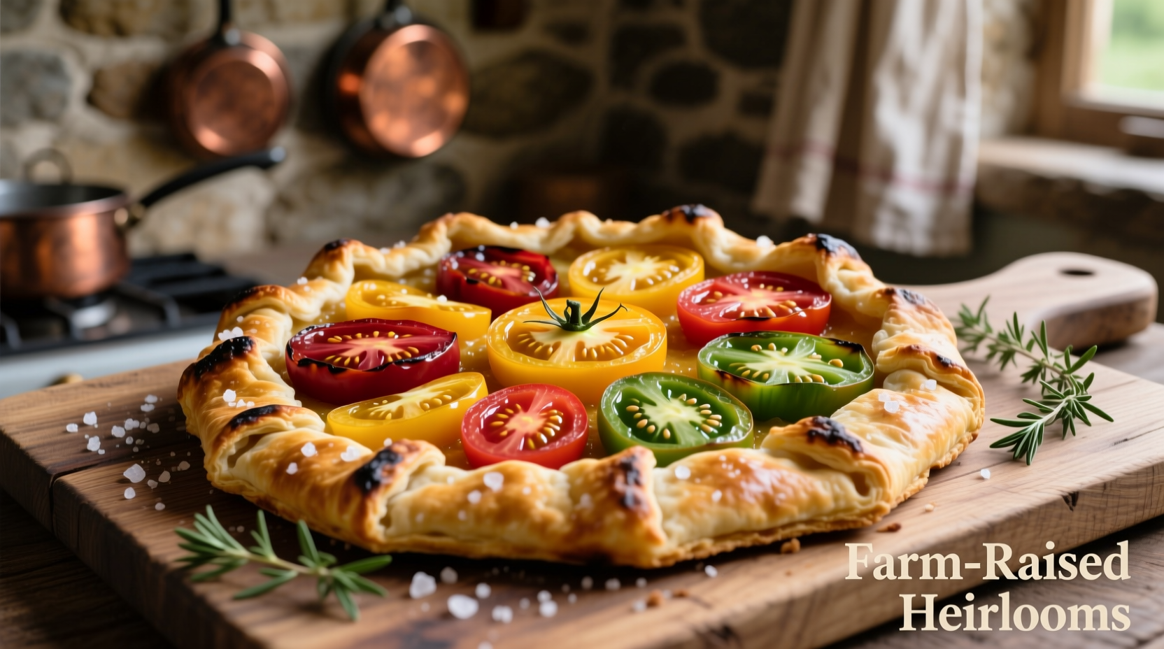 Rustic tomato galette with golden crust and vibrant heirloom slices