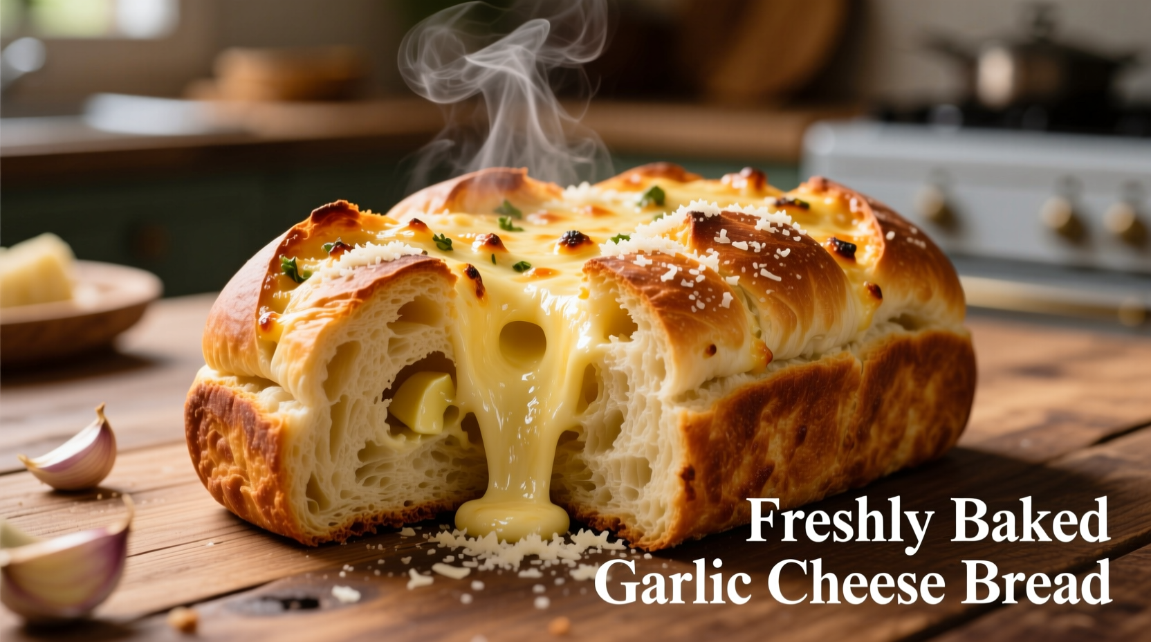 Freshly baked garlic cheese bread with melted cheese