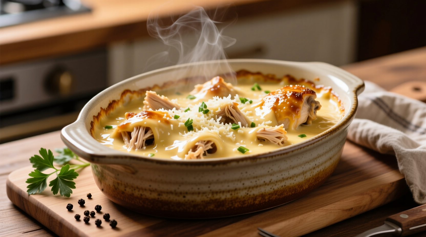 Creamy garlic parmesan slow cooker chicken in ceramic dish