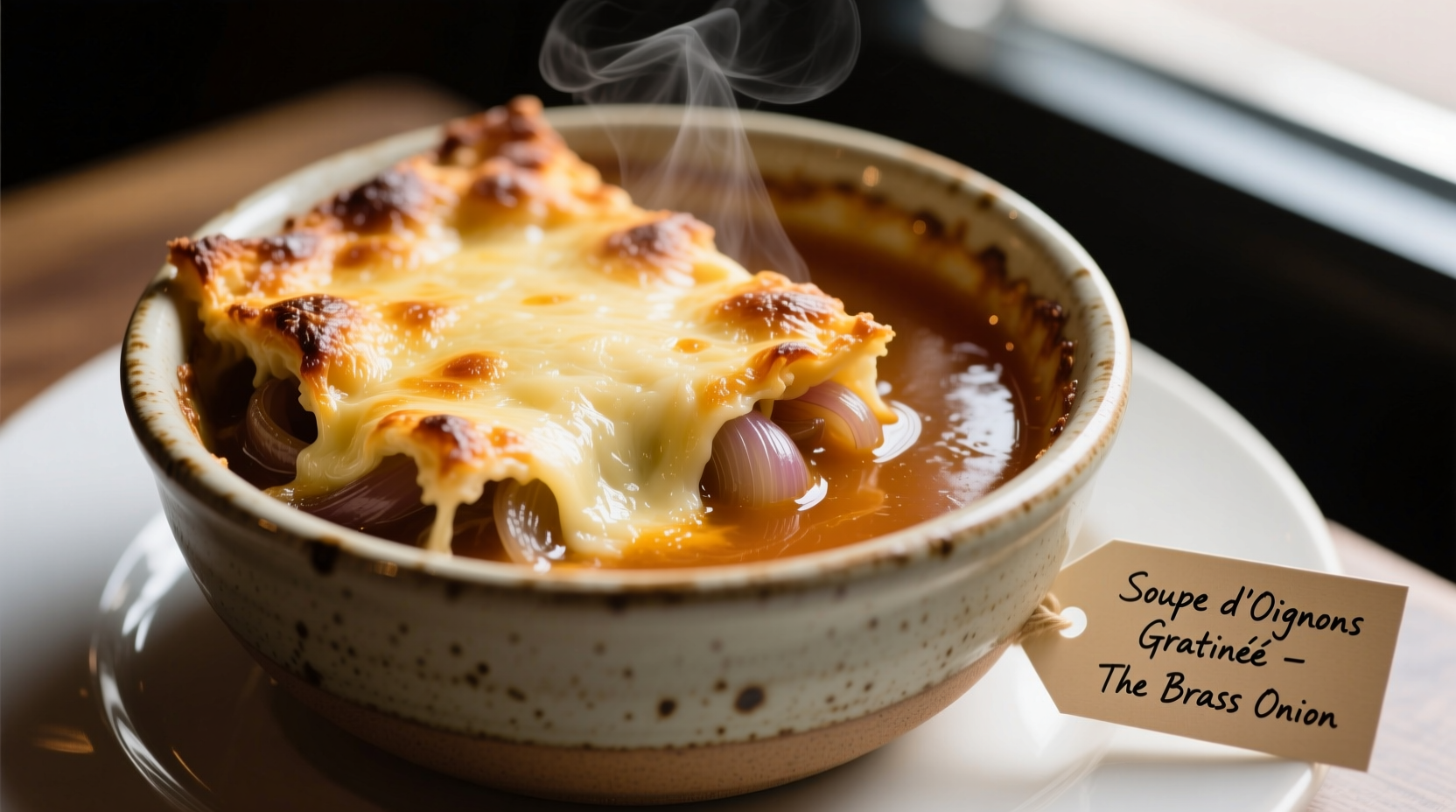 The Brass Onion's signature onion soup gratinée in ceramic bowl
