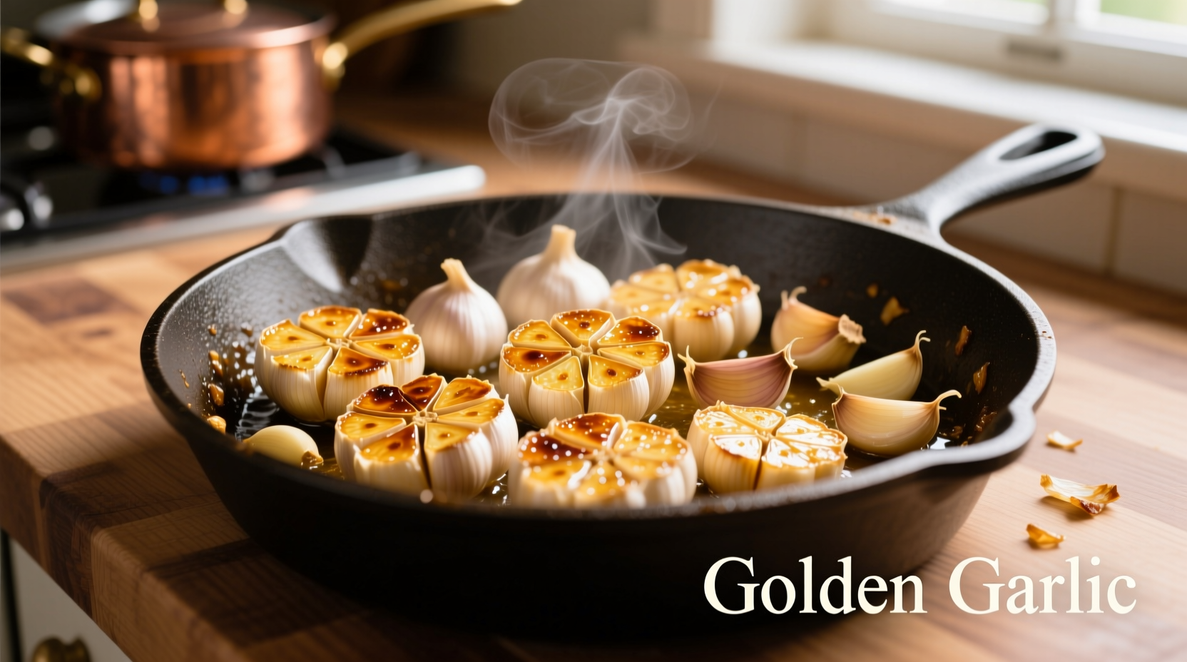 Perfectly golden sauteed garlic in a skillet
