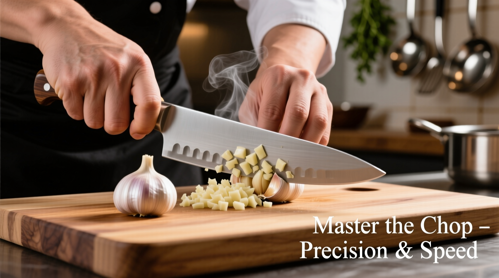 Chef's hand demonstrating proper garlic chopping technique