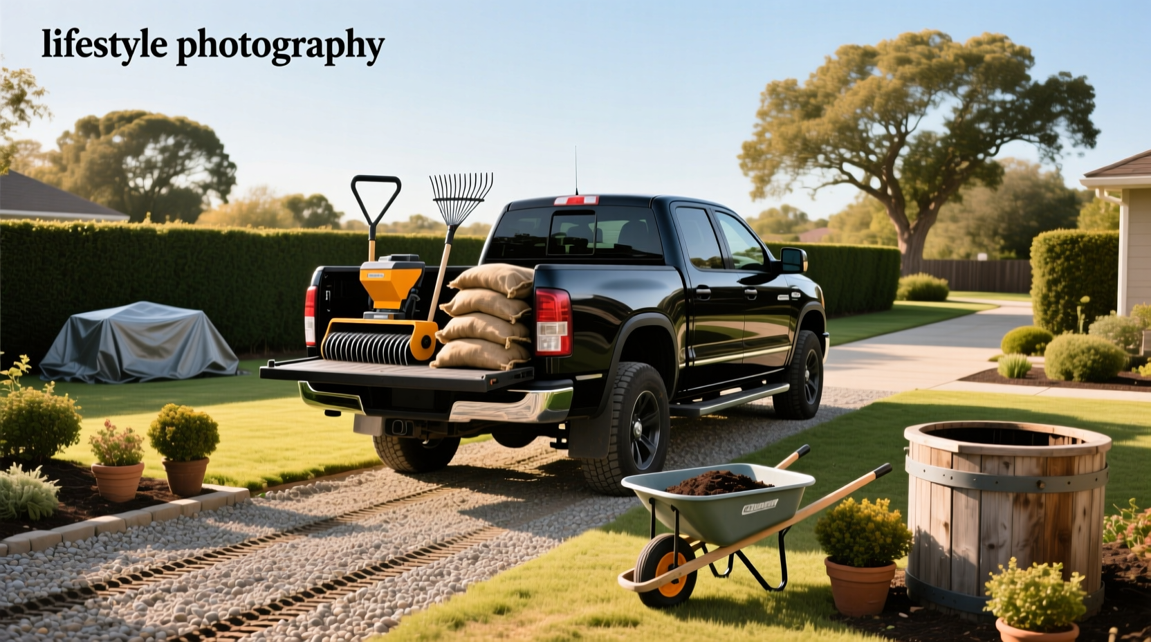 A gray pickup truck with a mounted ladder rack and landscaping tools visible in the bed