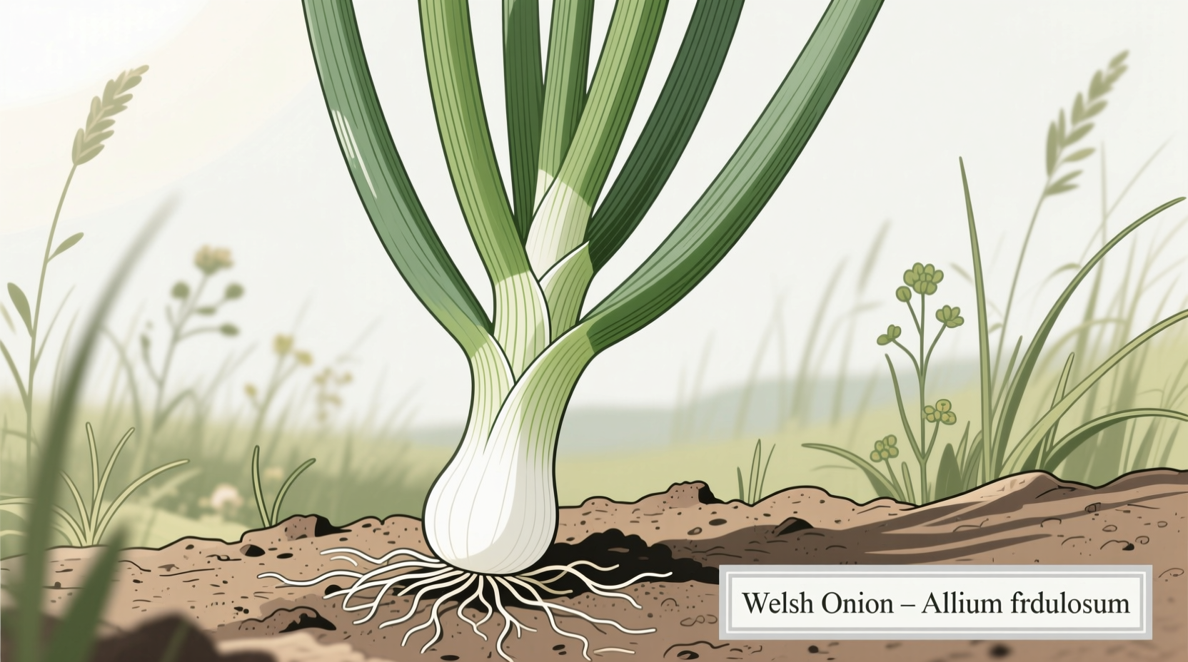 Welsh onion plant showing hollow green stalks and white base