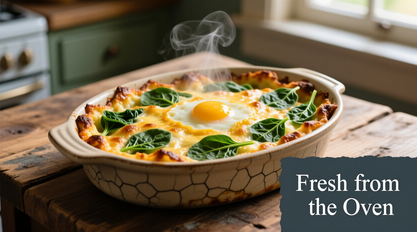 Golden egg spinach casserole fresh from oven