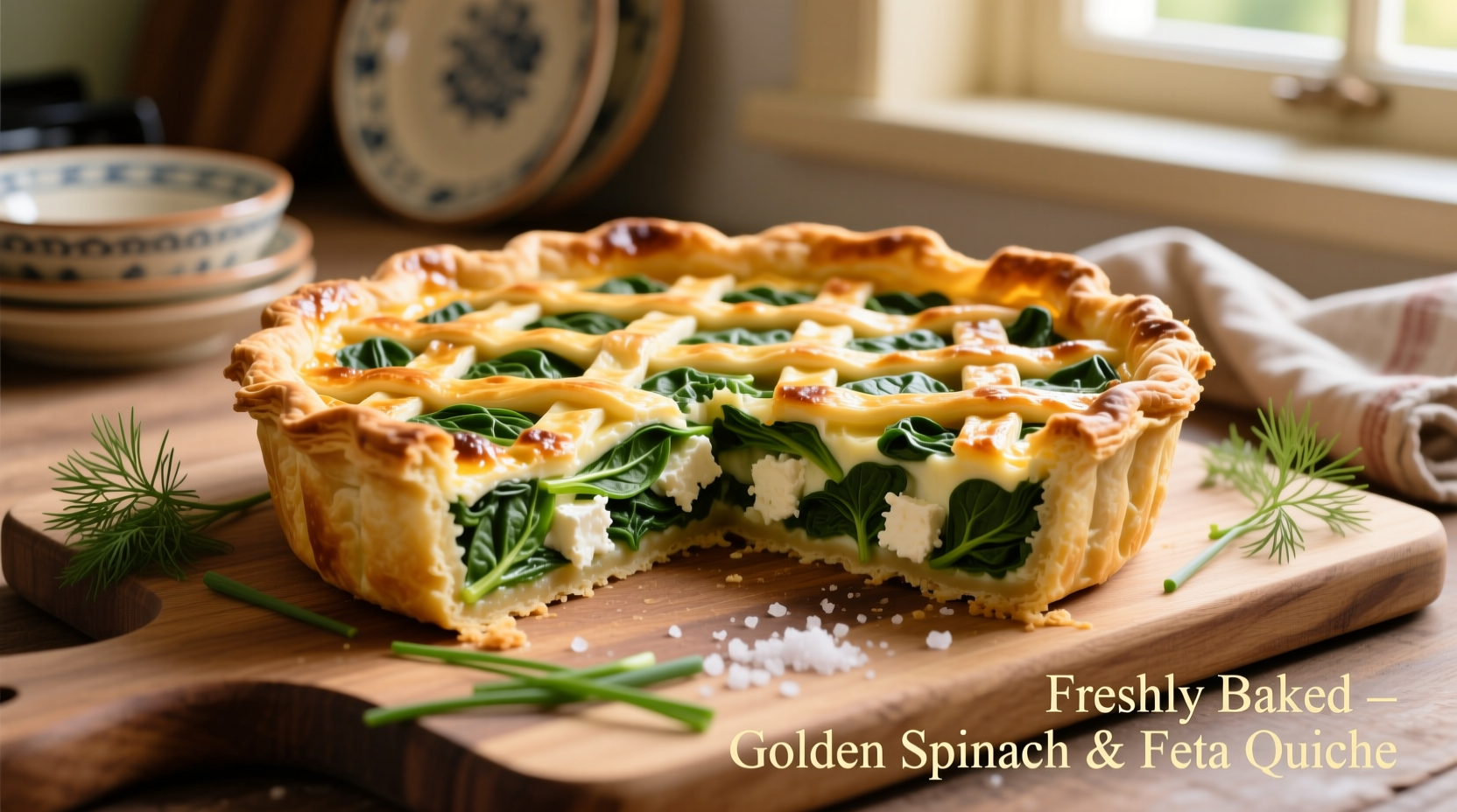 Golden spinach and feta quiche with flaky crust