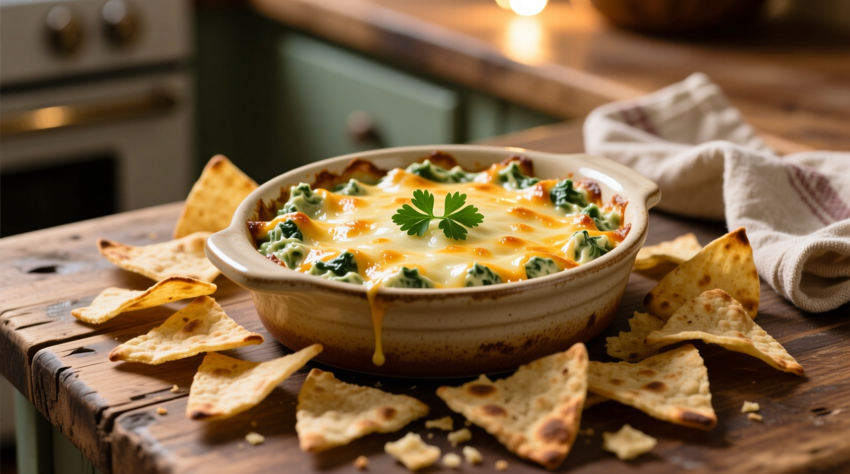 Creamy spinach artichoke dip in oven dish with pita chips
