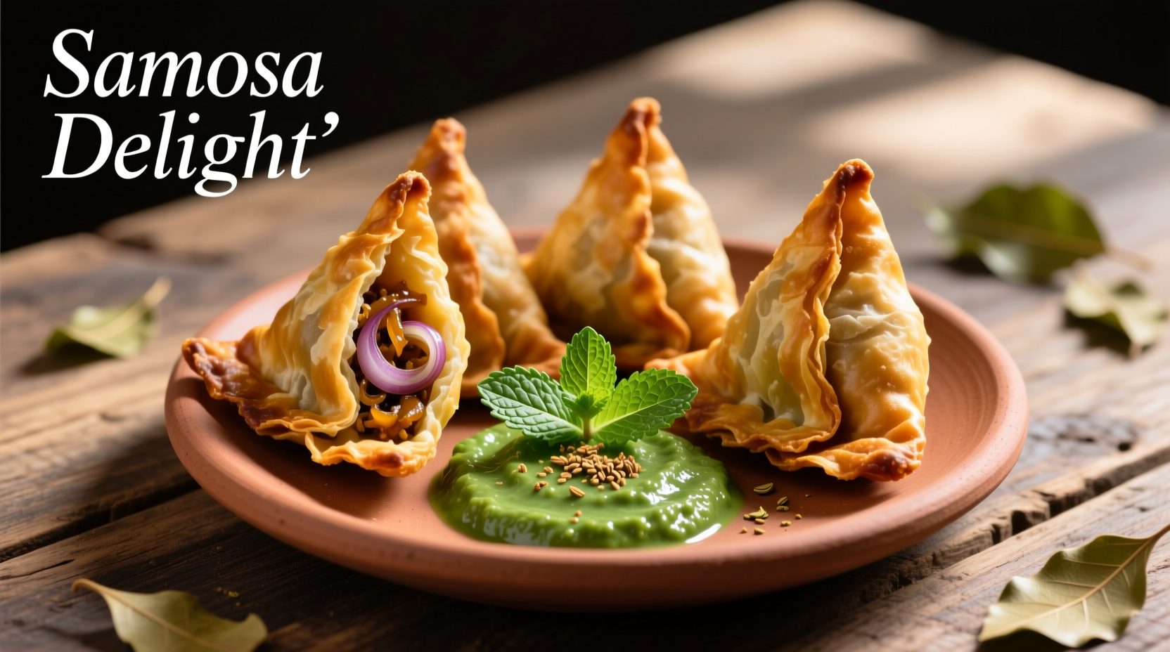Golden brown onion samosas with mint chutney