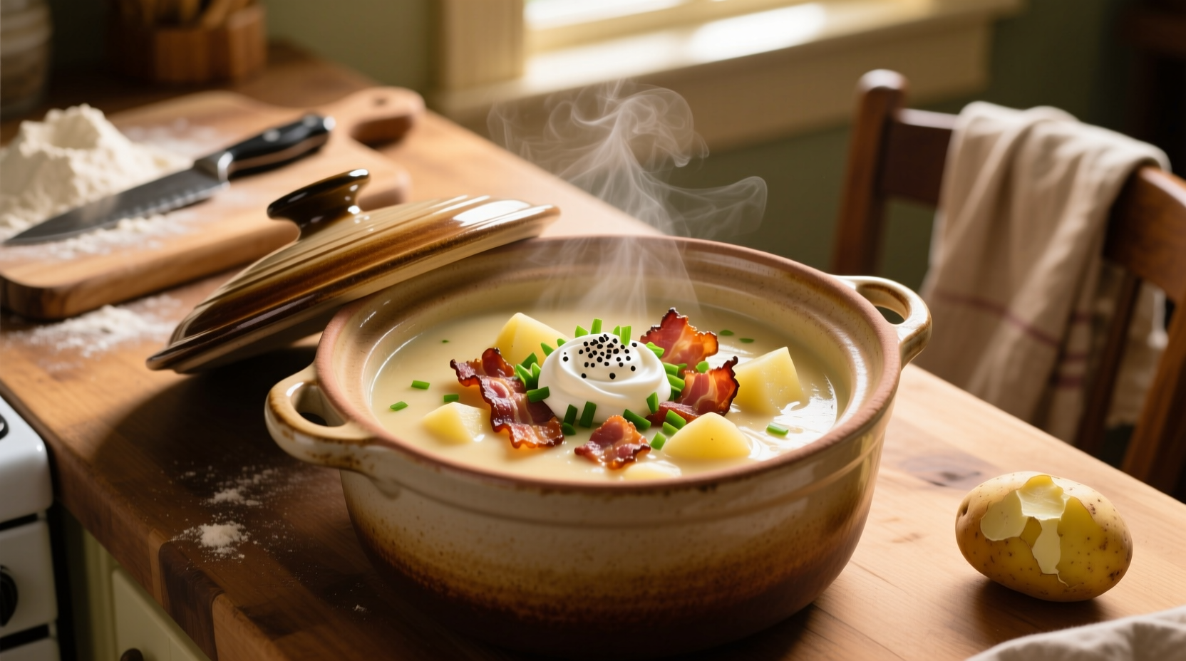 Creamy bacon potato soup in crock pot with garnish