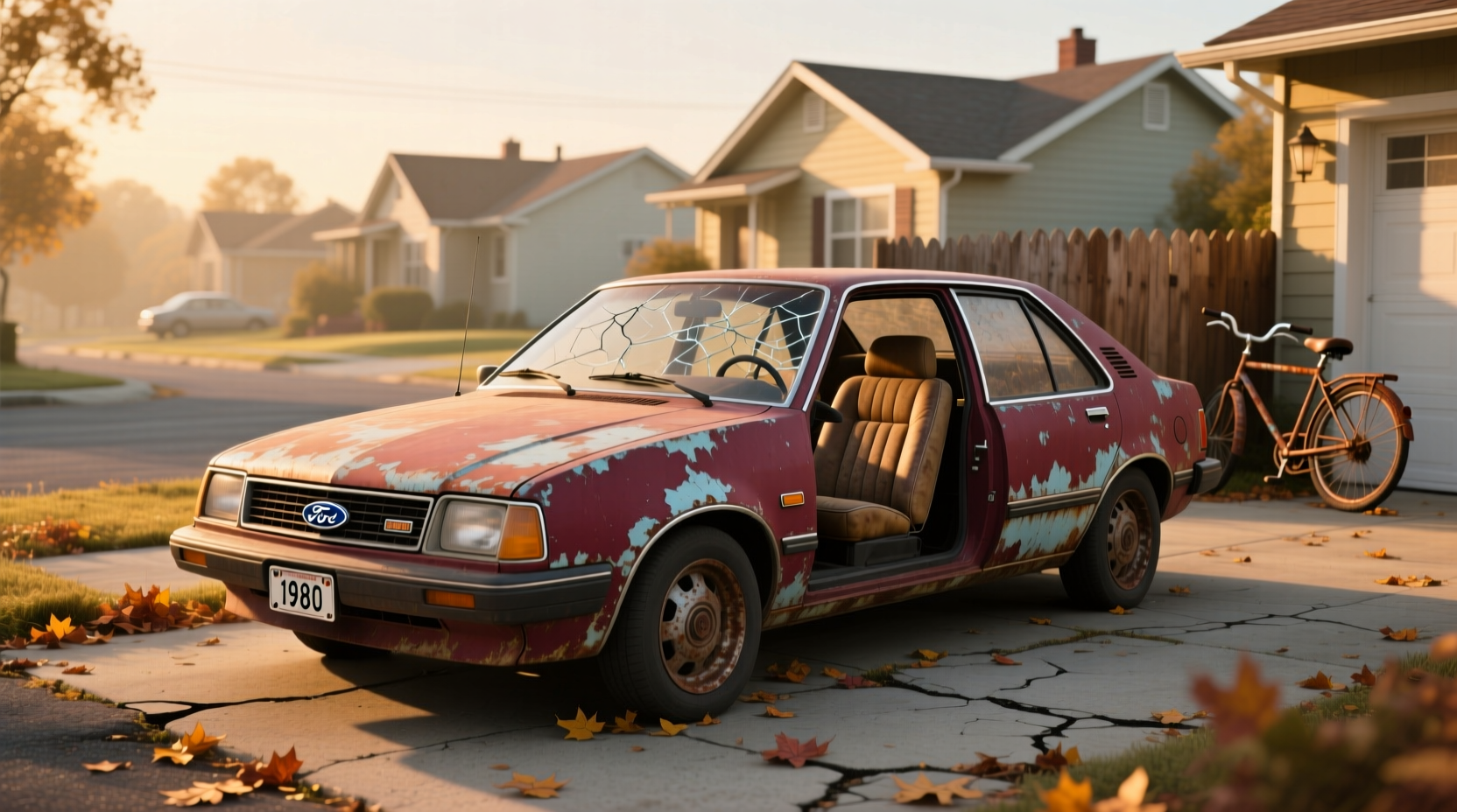 Side profile of a 1980 Ford Pinto hatchback showing rust along rear wheel well