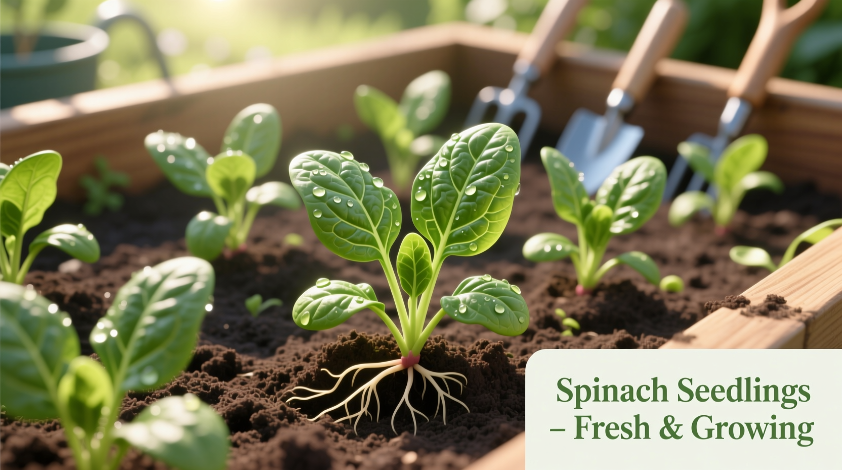 Spinach seedlings growing in garden bed with healthy green leaves