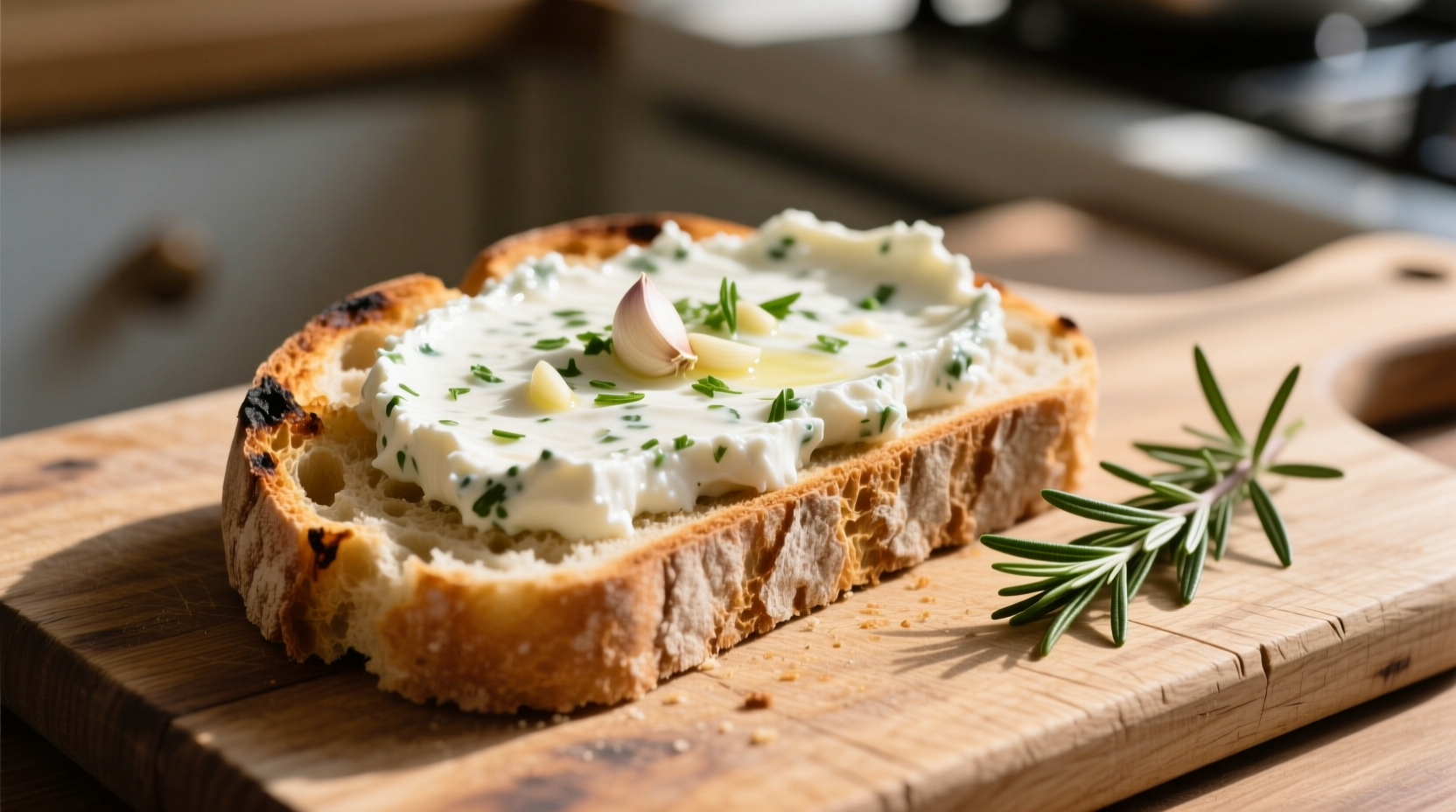 Freshly prepared garlic mizithra spread on rustic bread