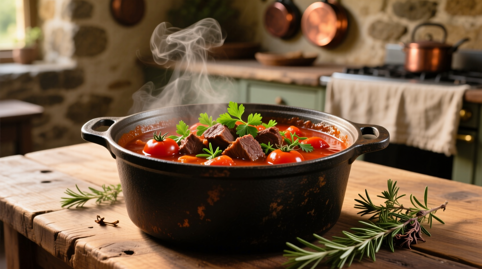 Beef and tomato stew in cast iron pot with fresh herbs