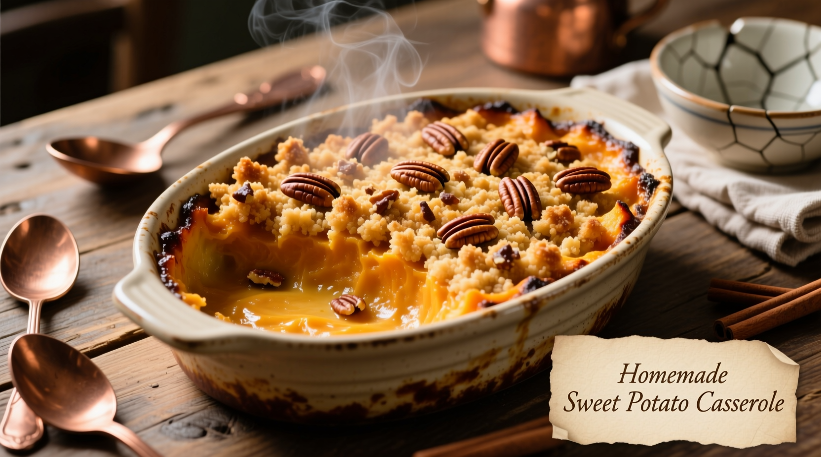 Golden sweet potato casserole with crunchy pecan topping