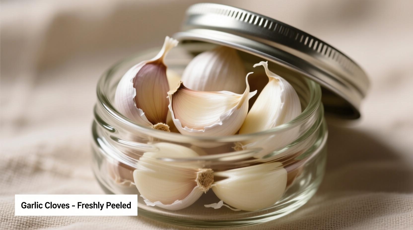 Peeled garlic cloves in glass container with lid