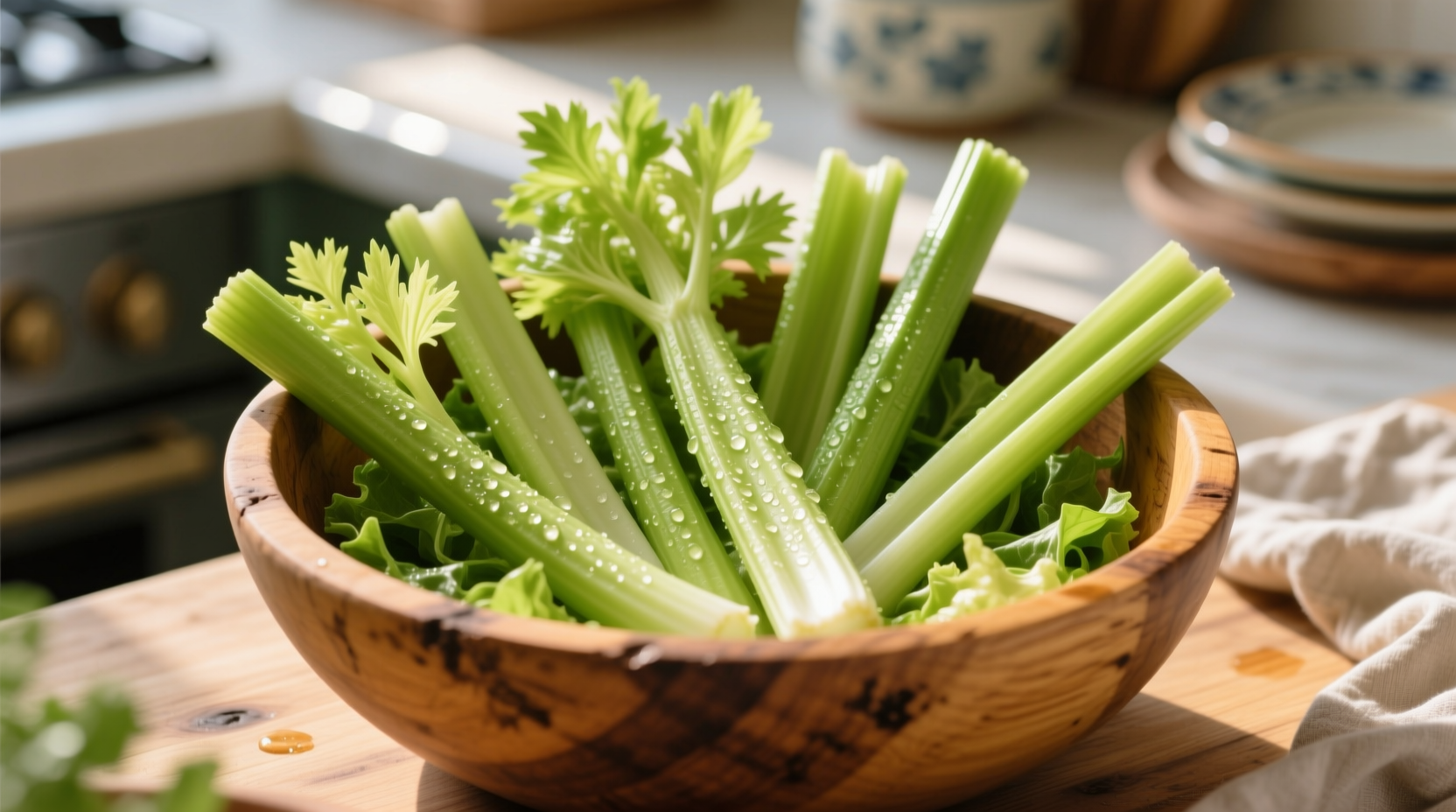 Fresh celery stalks arranged in a wooden salad bowl