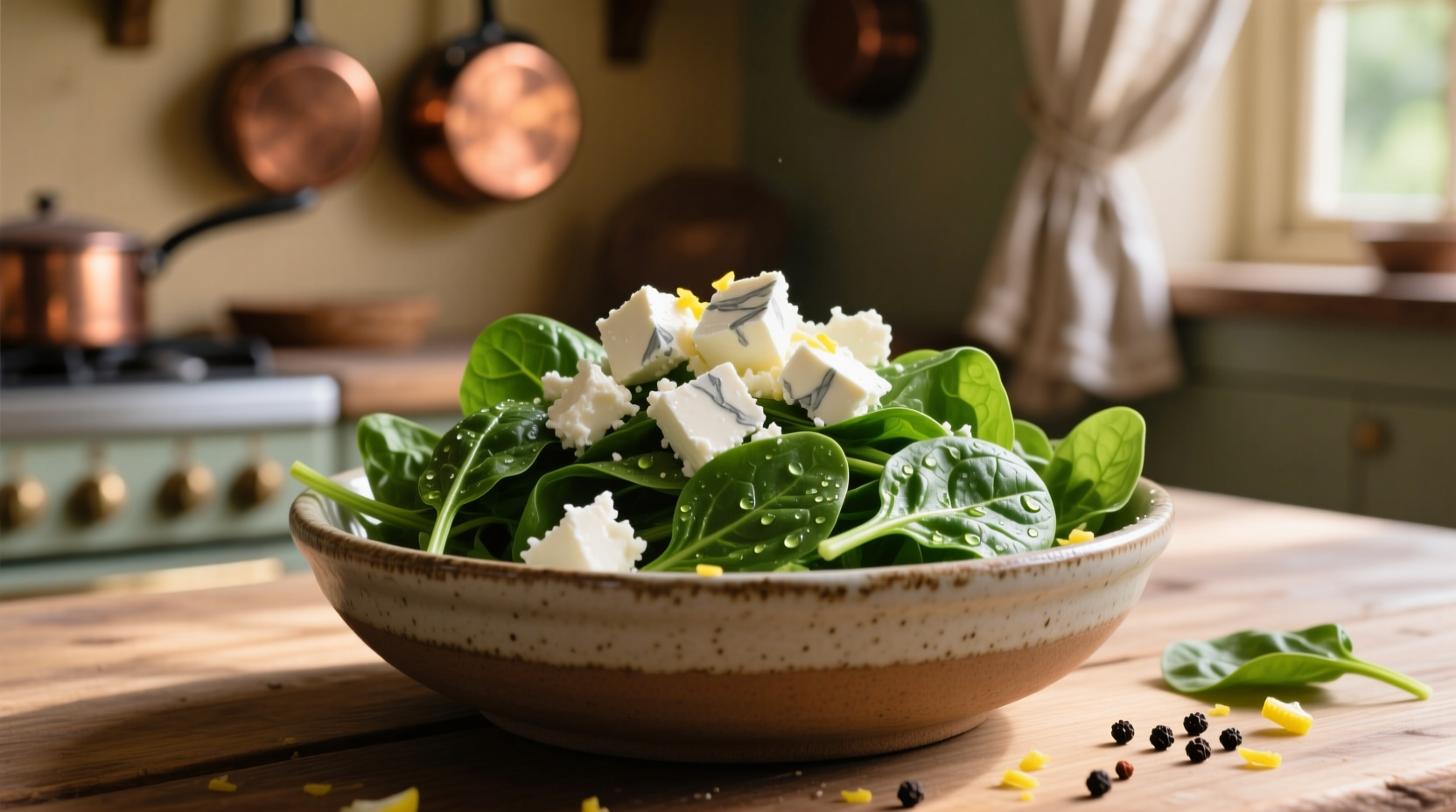 Fresh spinach and crumbled feta cheese in bowl