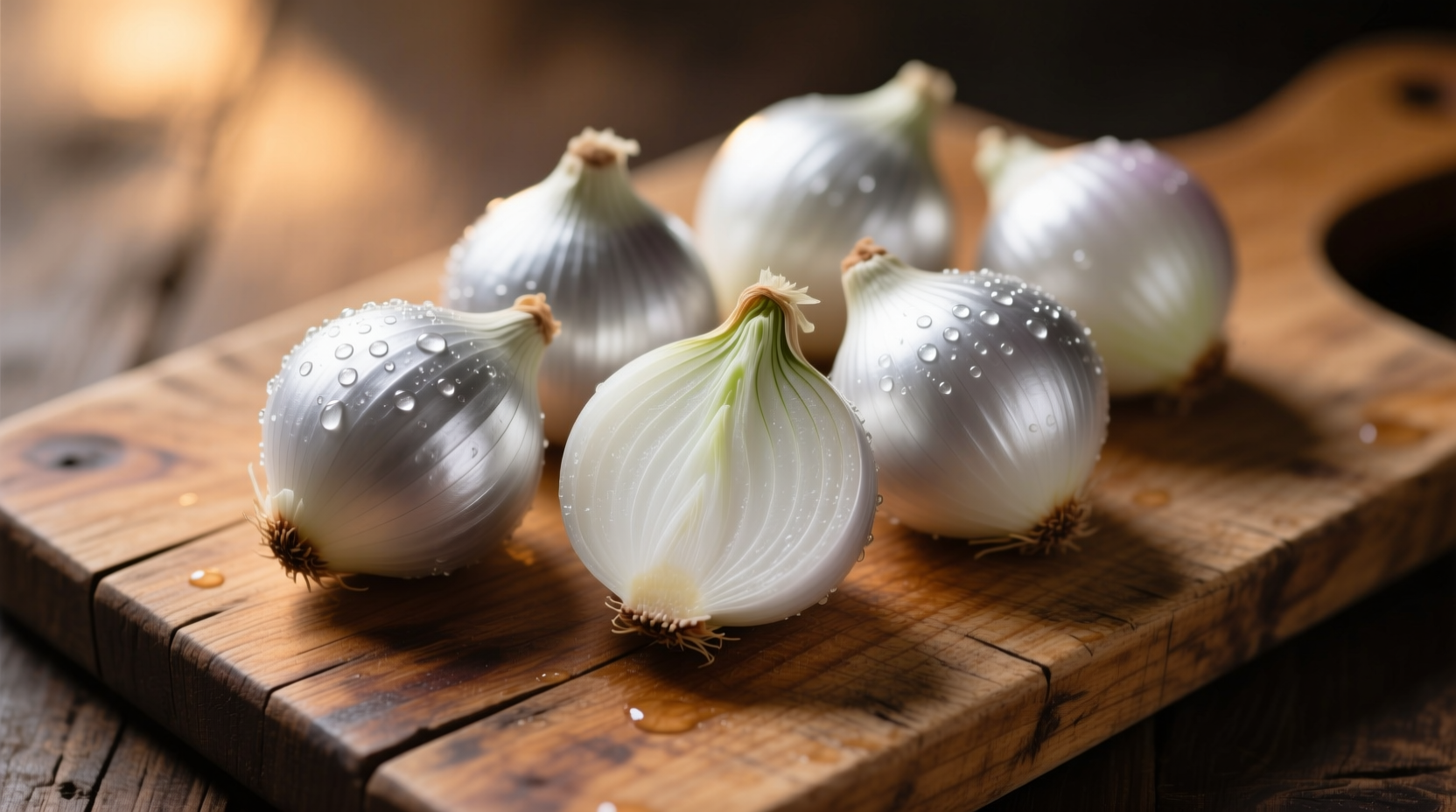 Fresh silver onions with translucent silvery skins on wooden cutting board