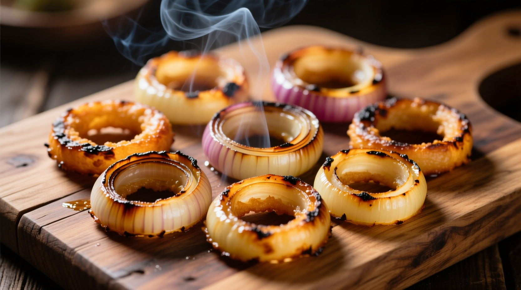 Smoked onion rings on wooden cutting board