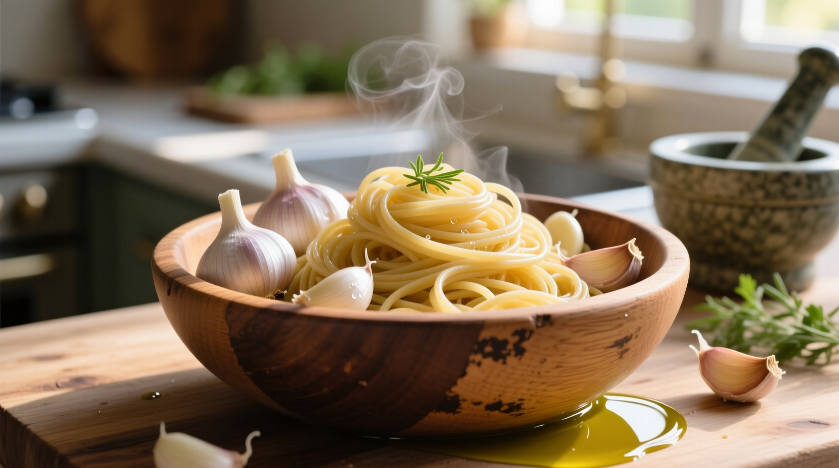 Fresh garlic cloves and linguine in wooden bowl