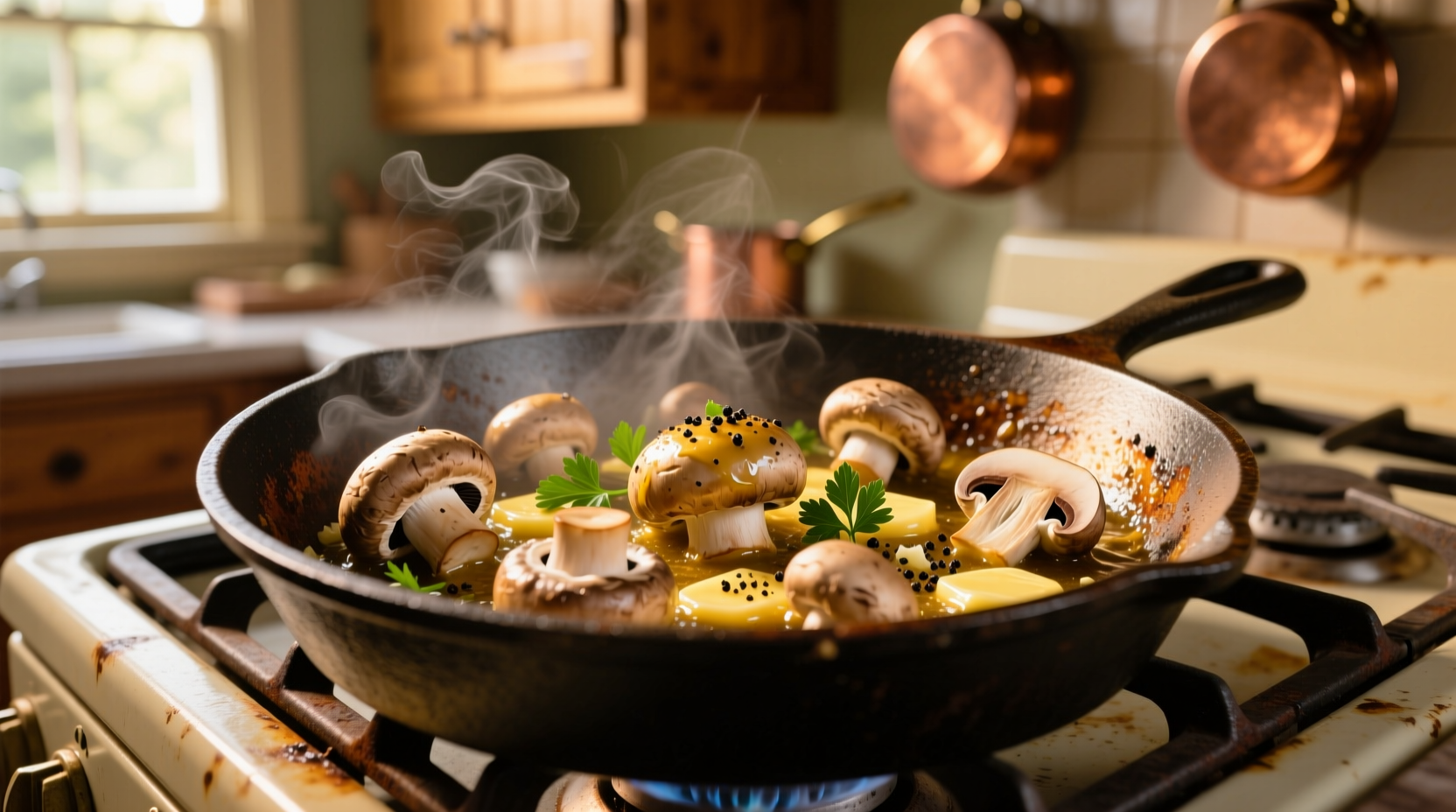 Golden garlic butter mushrooms in cast iron skillet