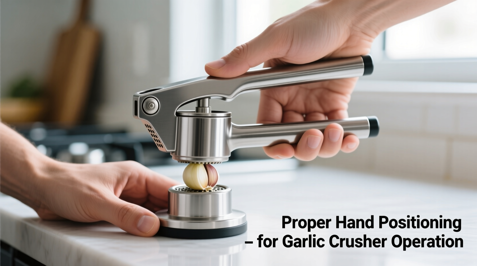 Proper hand positioning for garlic crusher operation