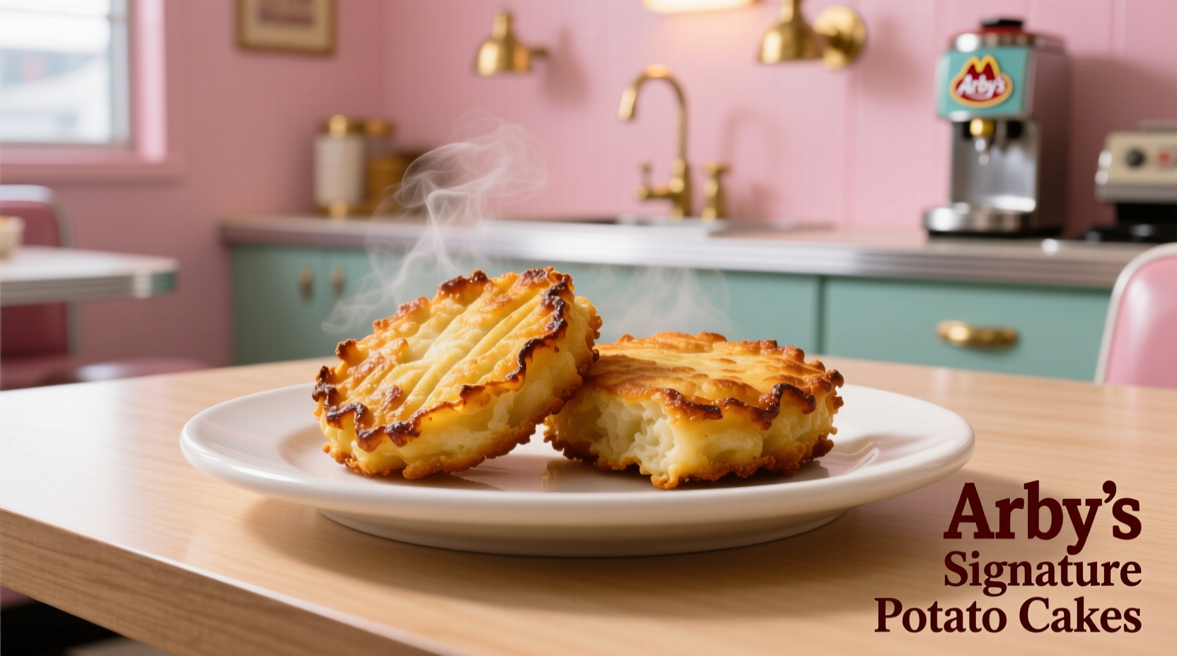 Two golden-brown Arby's potato cakes on a white plate