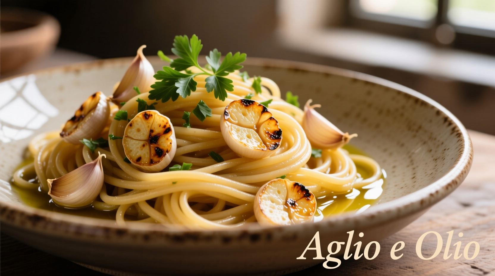 Perfect aglio e olio with golden garlic slices