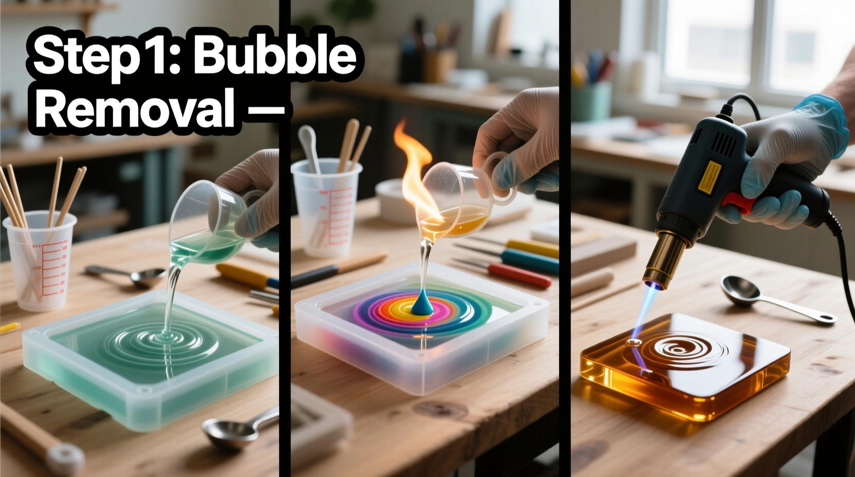 Step-by-step resin coaster casting process with heat gun