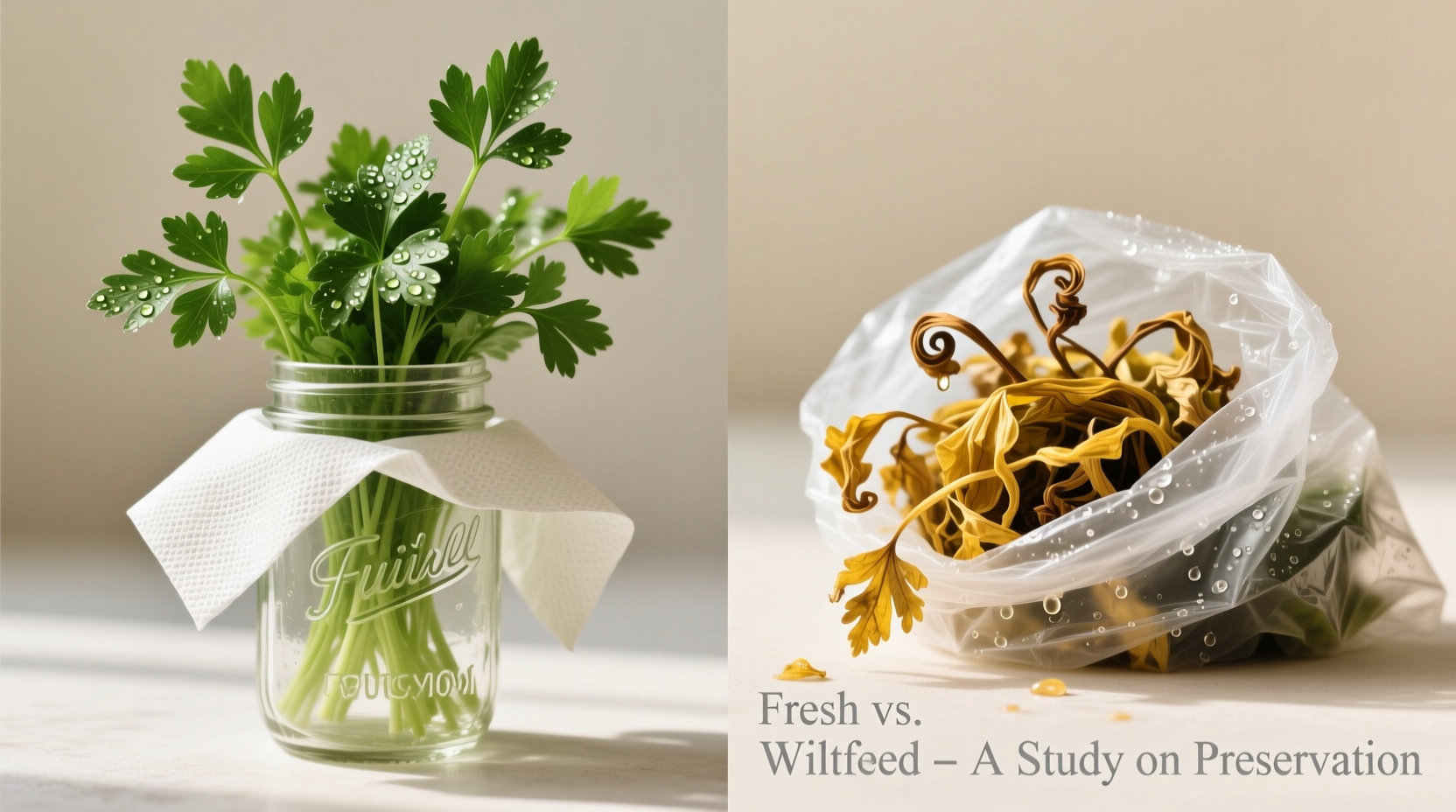 Side-by-side photo showing vibrant, upright parsley stems in a clear mason jar with a lightly draped, off-white recycled paper towel covering the leafy tops; next to it, wilted, yellowed parsley in a crinkled plastic bag with condensation beads