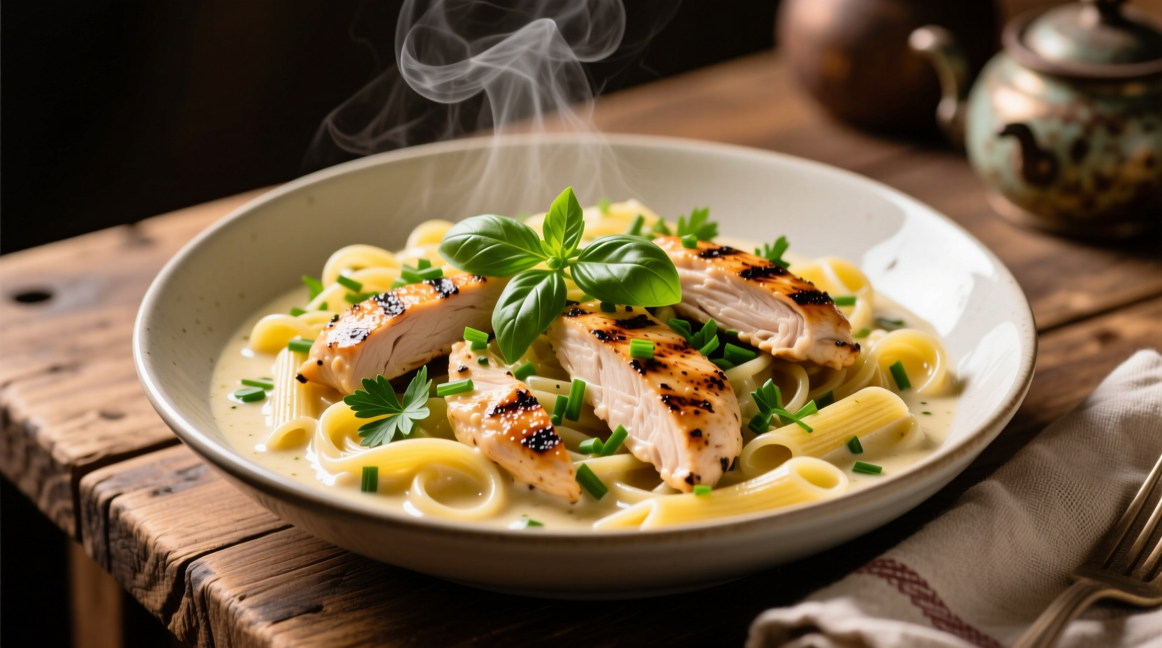 Creamy lemon garlic pasta with chicken and herbs