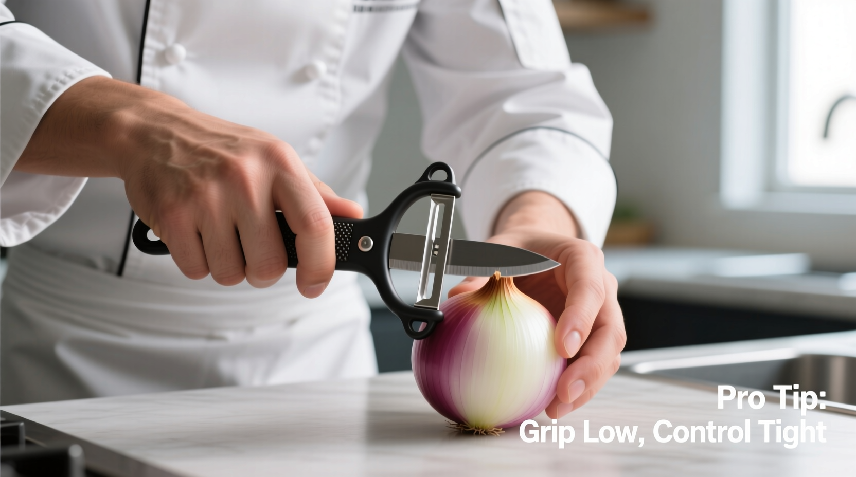 Chef demonstrating proper onion peeler grip technique