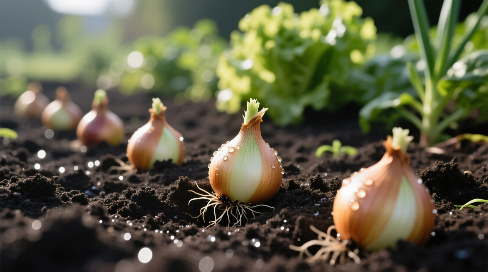 Onion sets planted at proper depth in garden soil