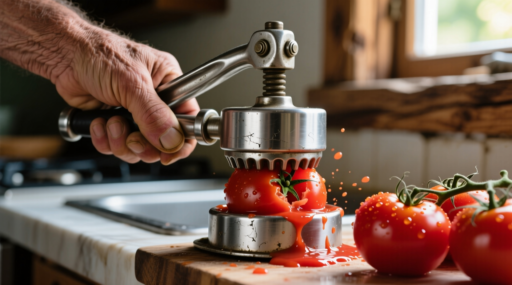 Hand operating stainless steel tomato press with fresh tomatoes