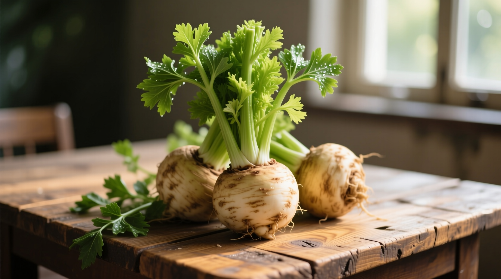 Fresh celery root bulbs with leafy tops on wooden table