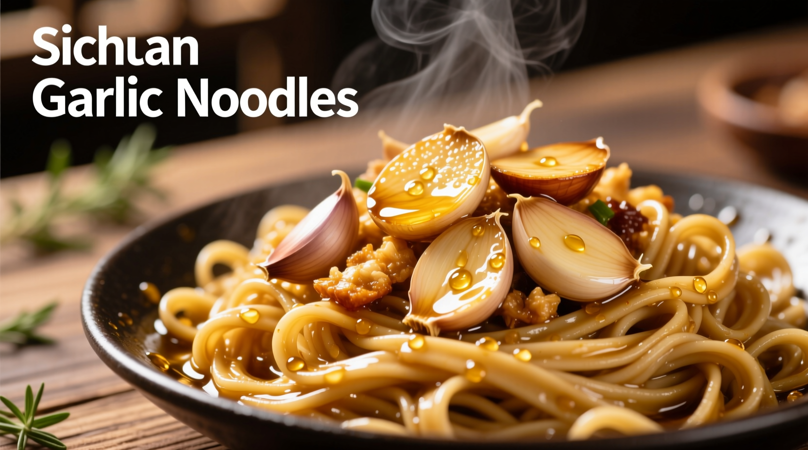 Fresh garlic slices in golden oil with noodles