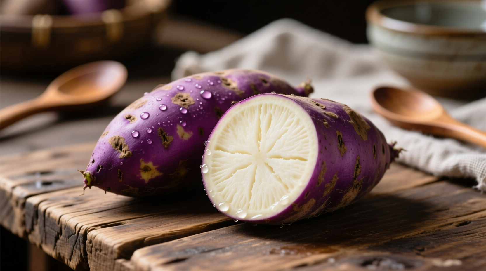 Purple-skinned Japanese sweet potato with creamy white interior