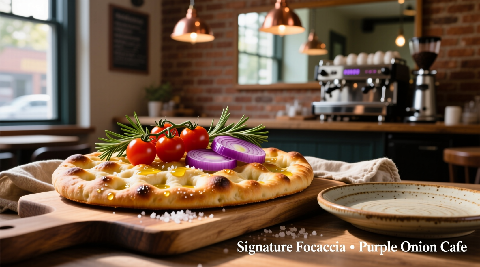 Purple Onion Cafe's signature focaccia with fresh ingredients