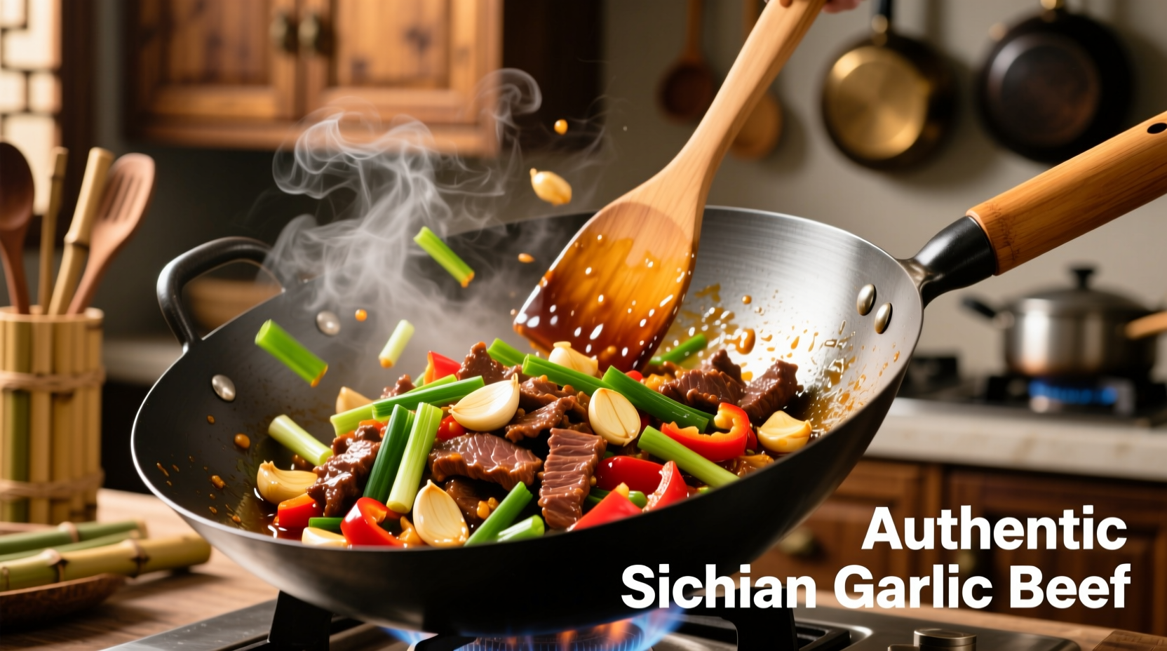 Beef garlic sauce in wok with fresh ingredients