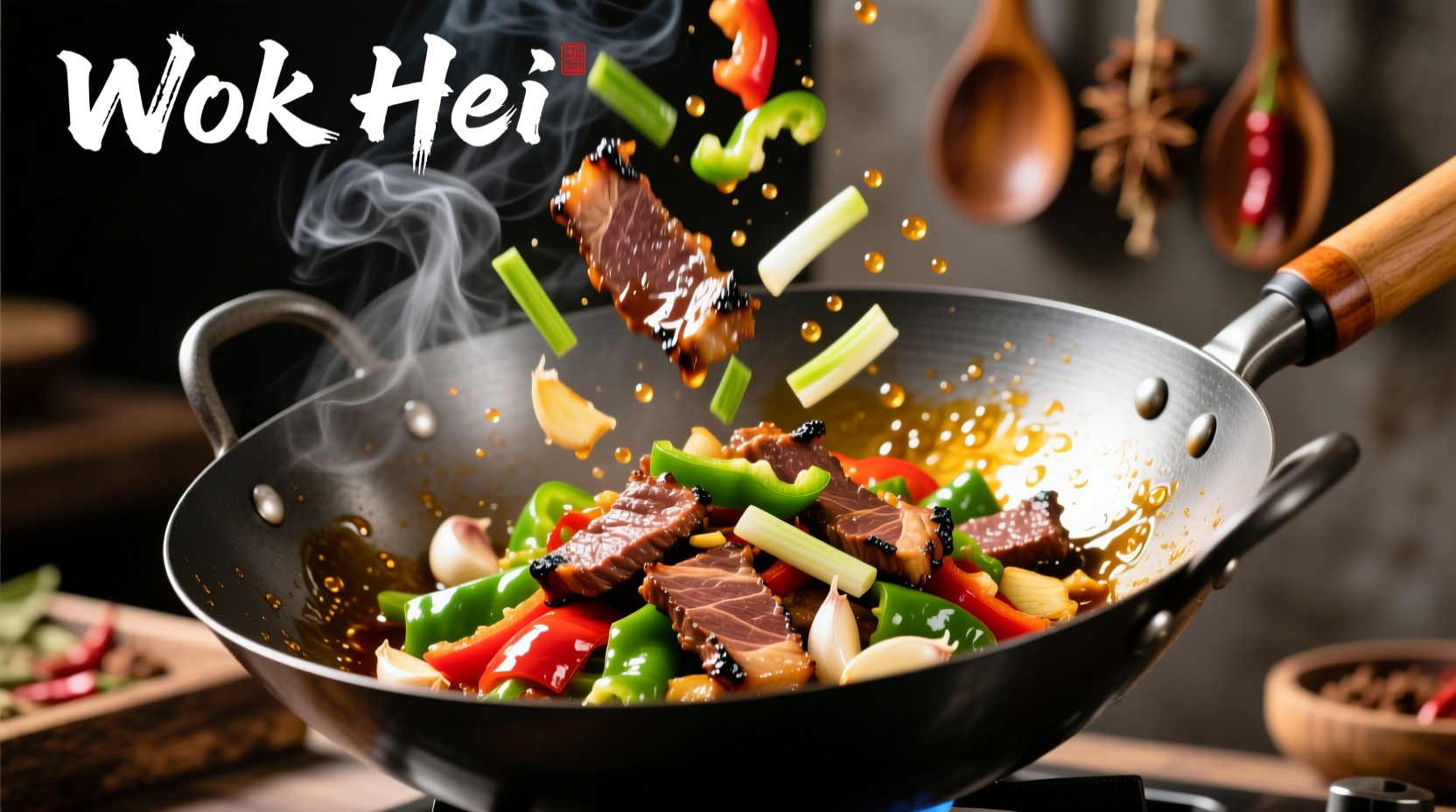 Sizzling Chinese pepper steak in wok
